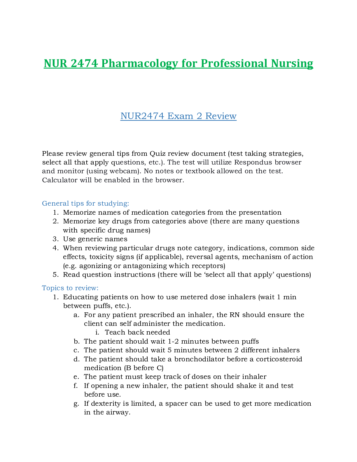 NUR2474 / NUR 2474 Pharmacology for Professional Nursing Exam 2 Review Updated - Rasmussen